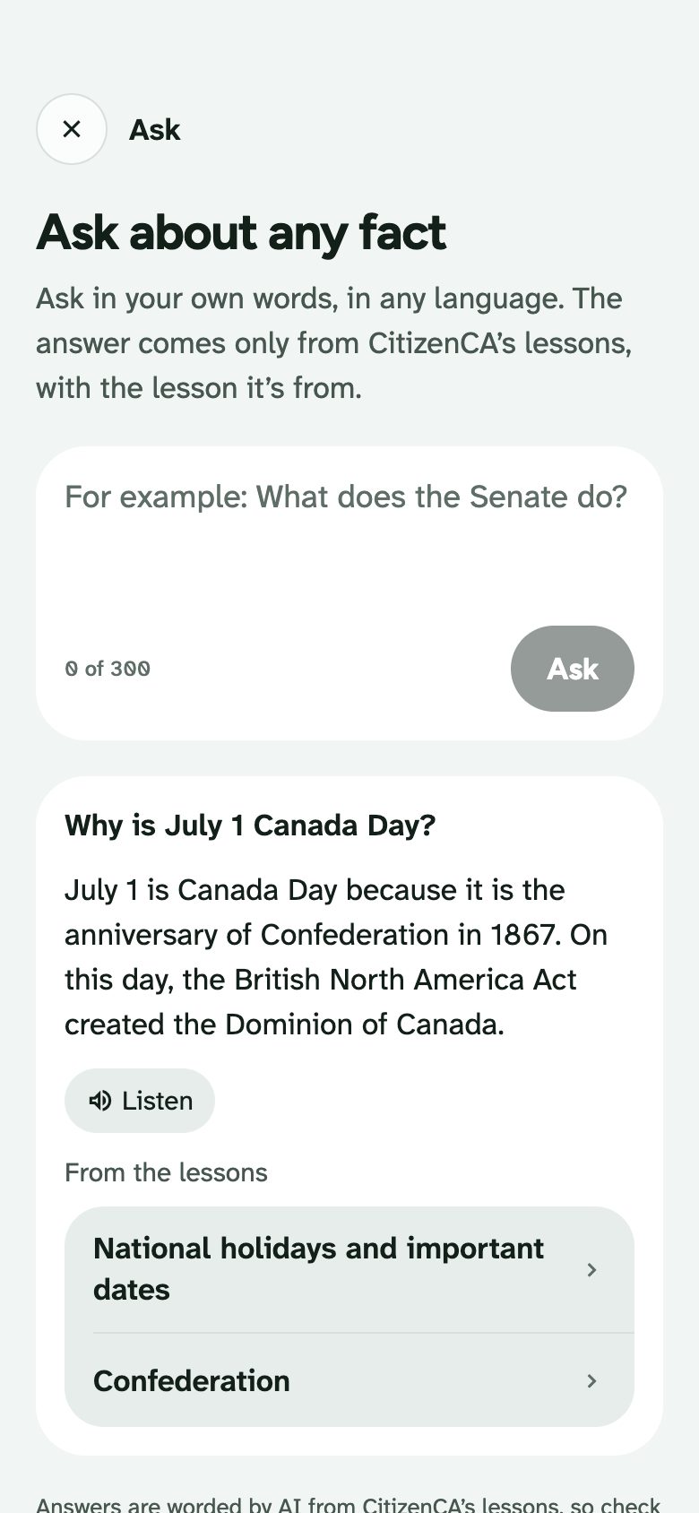 Ask about any fact: the question “Why is July 1 Canada Day?” answered in two sentences, with the lessons Confederation and National holidays below.
