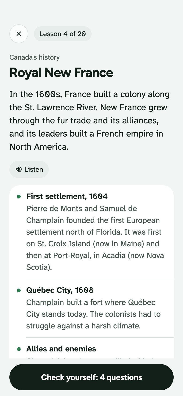A lesson on Royal New France, with a Listen button.
