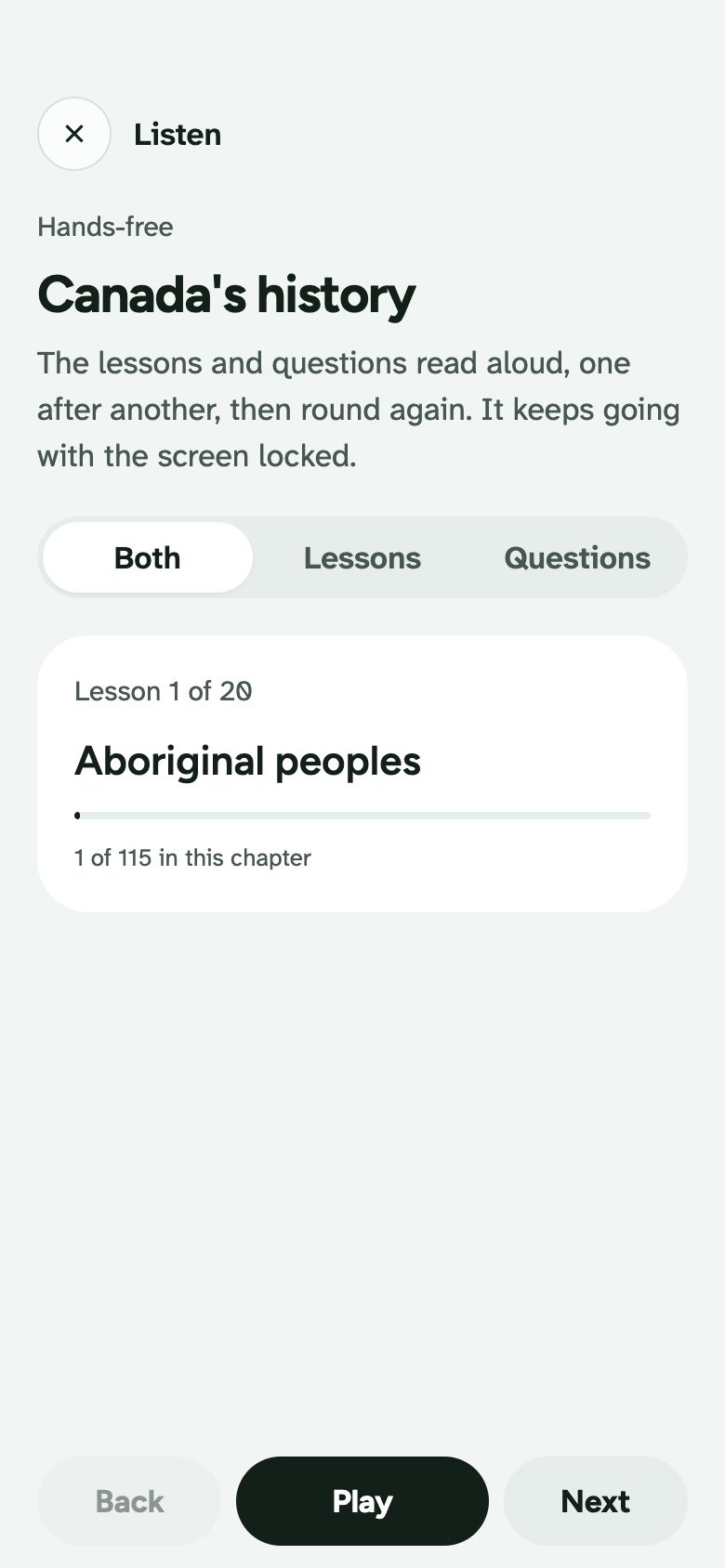 Listen mode for Canada’s history: lessons and questions read aloud one after another, with Play, Back and Next.