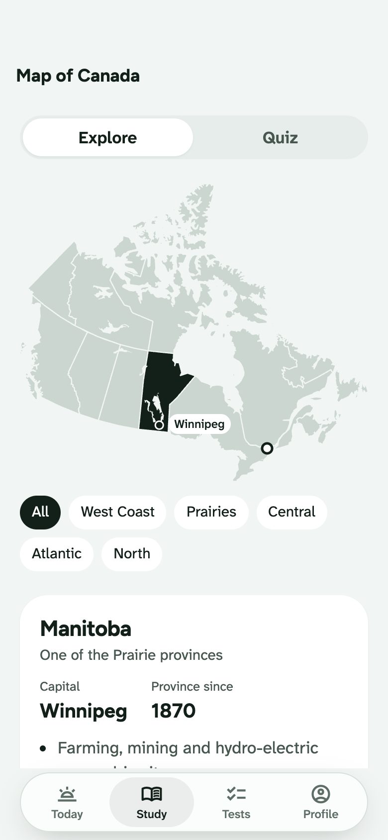 The map of Canada with Manitoba chosen: its capital, Winnipeg, the year it became a province, and facts from the guide.