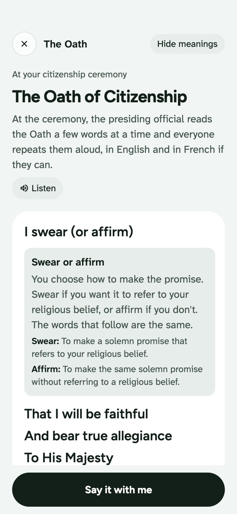The Oath of Citizenship line by line, with what each part means and a Say it with me button.