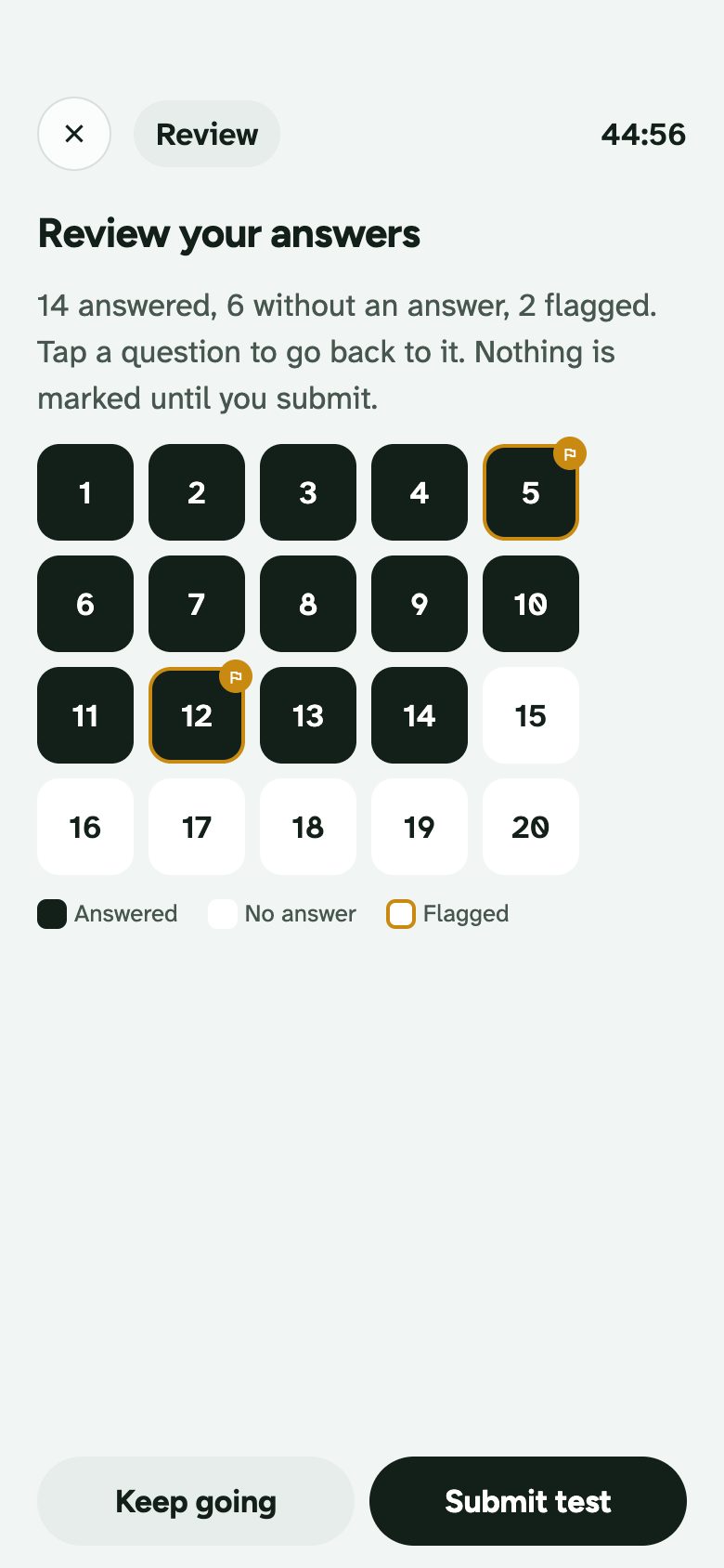 The review screen of a practice test: twenty numbered questions, most answered, two flagged, with the clock and a Submit button.