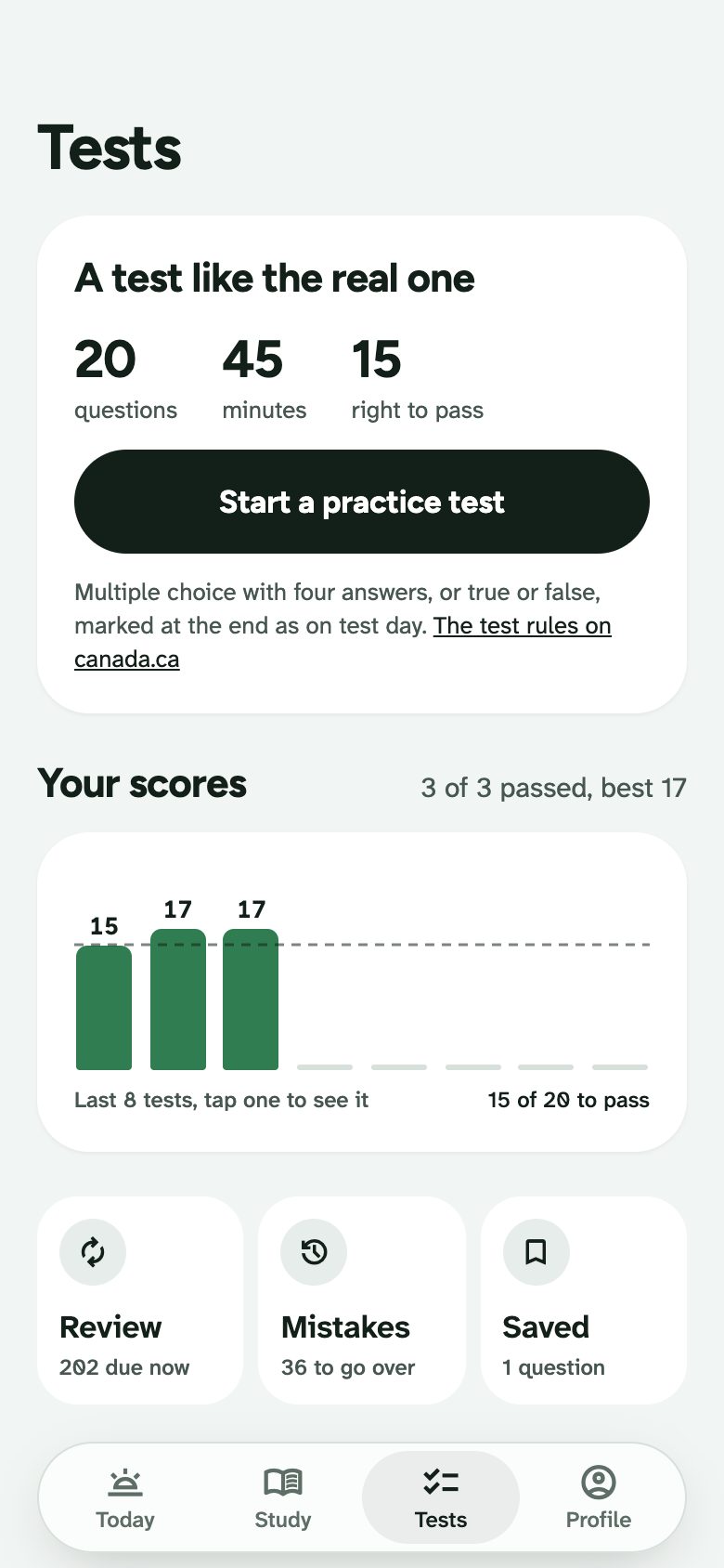 The Tests tab: a practice test like the real one, the score history with the pass line, and review, mistakes and saved questions.